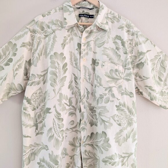 Vintage Nautica Men's Linen Blend Hawaiian Shirt Botanical‎ Tropical Vacation XL - Picture 7 of 14